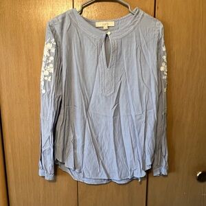 LOFT Striped Blue Blouse with White Floral Details